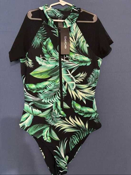 bebe Black Swim Bodysuit with Green Tropical Leaf Print and Front Zip - Picture 1 of 3